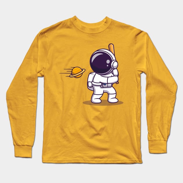 Cute Astronaut Hit Planet Ball With Baseball Stick Cartoon Long Sleeve T-Shirt by Catalyst Labs